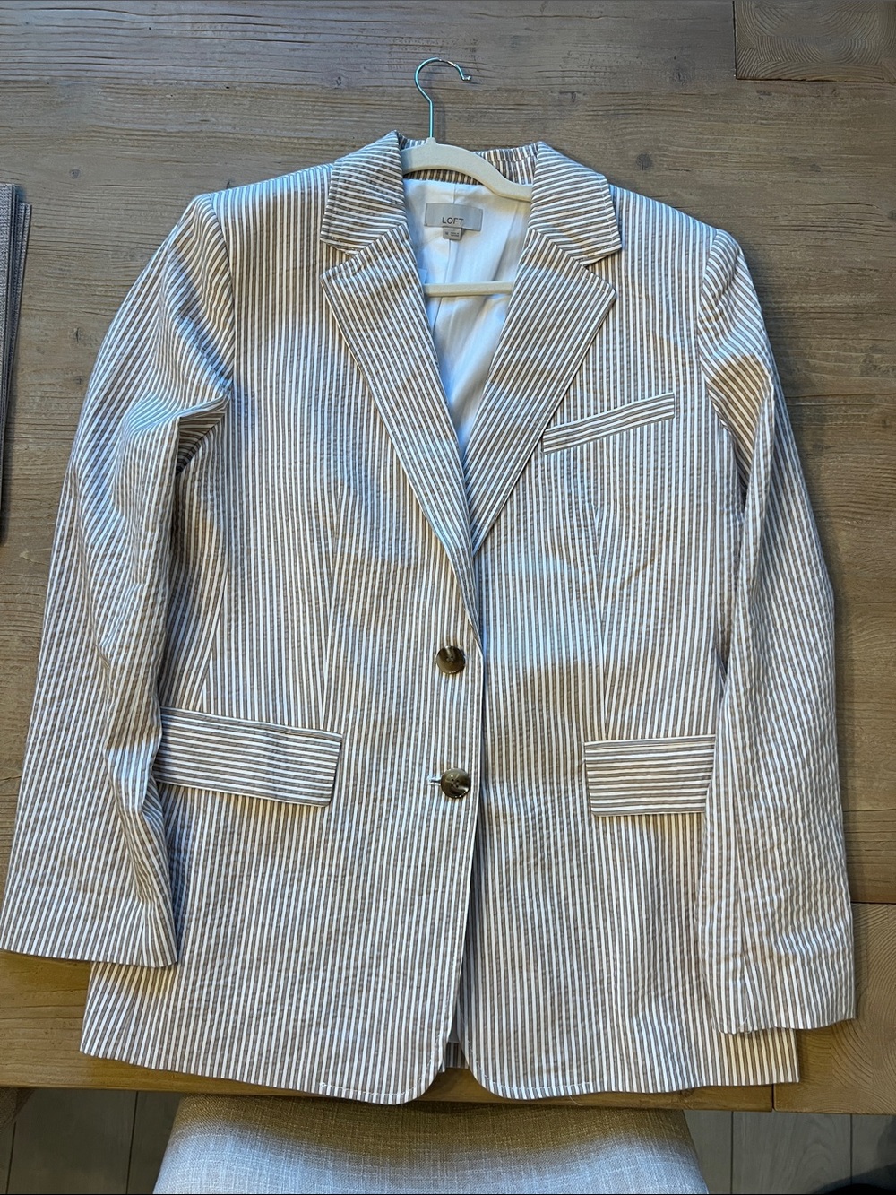 LOFT Striped Linen-Blend Blazer in Tan and White